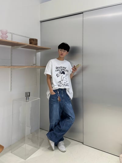 (藍色Ｍ號) (UNISEX) 十字縫線 側腰扣 亞麻牛仔褲 - 2C9