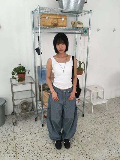 歐美經典 街頭工裝 細條紋 貼布 薄寬褲 - 2C18