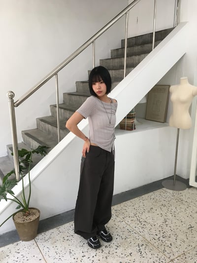 韓女經典氛圍 局部細節點綴 彎刀寬版 長褲 - 3C12