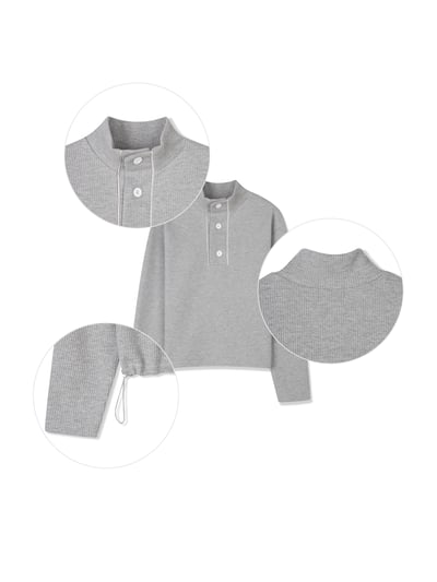 半高開V領 鈕扣 短版 華夫格 指套 薄長袖 - 3C25