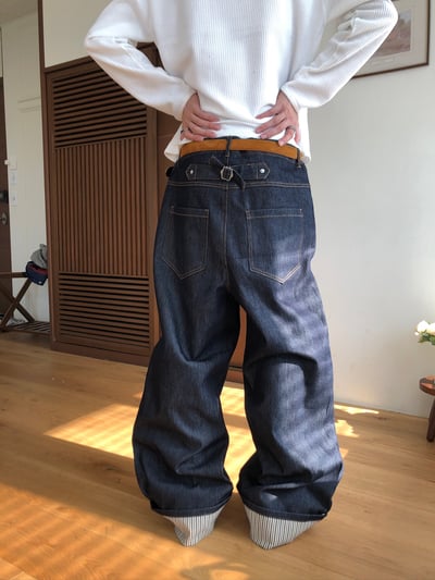 東京小夥 反折褲管 條紋結構 原牛寬褲 - 2C1