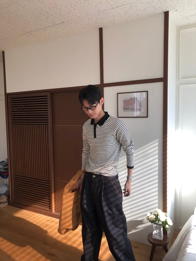 經典條紋 亨利領 修身版型 翻領 貼身 長袖 - 3C10