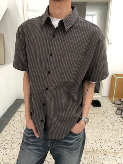 夏日涼感 復古條紋 微短版 短袖襯衫 - 2C5