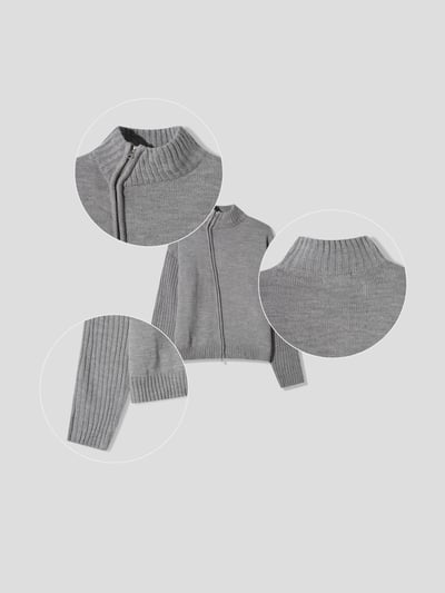 半高領 斜拉鏈 修身流水線 針織外套 - 4C22