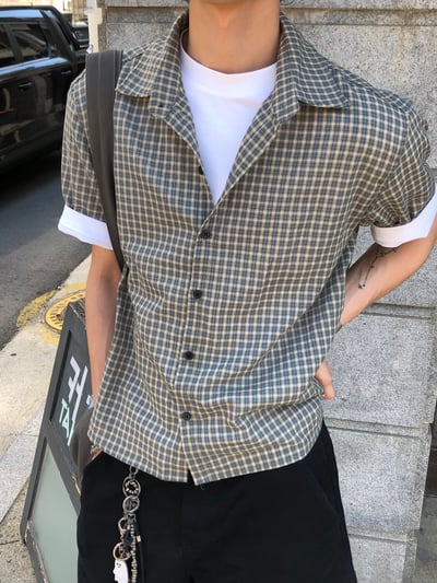 酷夏薄款 街頭高質感 細格紋 短版 短袖襯衫 - 2C9