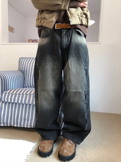 微妙復古 漸層水洗 破壞 牛仔 寬褲 - 2C4