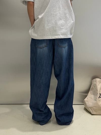 (藍色Ｍ號) (UNISEX) 十字縫線 側腰扣 亞麻牛仔褲 - 2C11