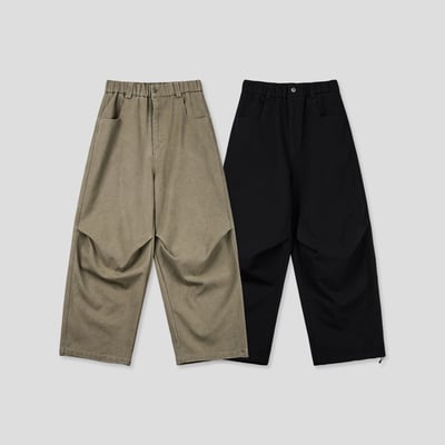 文藝鈕扣 降落傘抓皺 寬版 鬆緊帶 牛仔褲 (set-up) - 2C22