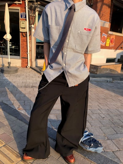 Peace 極簡主義 細條紋 短袖 牛仔襯衫 (set - up) - 2C6