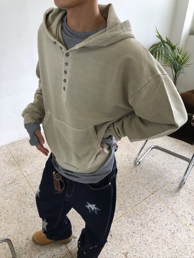 復古街頭 重磅 復古水洗 亨利領 帽T - 3C11