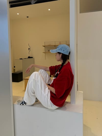 (藍色Ｍ號) (UNISEX) 十字縫線 側腰扣 亞麻牛仔褲 - 2C6