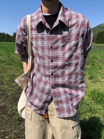 文藝浪漫派 夏季輕薄 撞色格紋 寬鬆襯衫 - 3C6