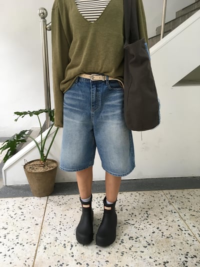 韓女基本款 大口袋 牛仔 6分短褲 - 2C13