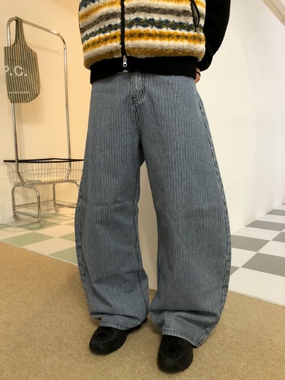 經典百搭 細條紋 修身顯高 牛仔寬褲 - 2C14