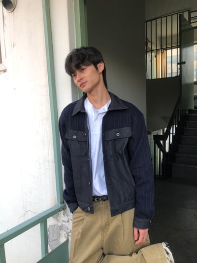 獨特肩部針織 牛仔 微短版 機車夾克 - 2C5