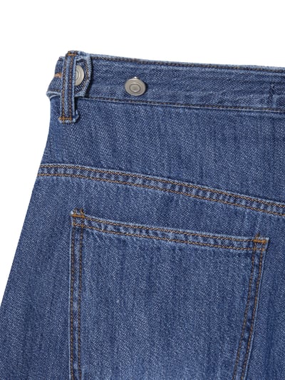 (藍色Ｍ號) (UNISEX) 十字縫線 側腰扣 亞麻牛仔褲 - 2C18