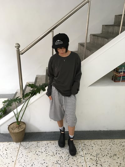 休閒條紋 鬆緊帶 褲管抽繩 7分 棉短褲 - 2C8