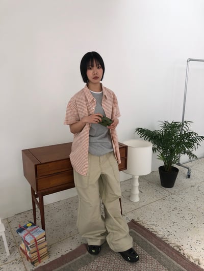 方形縫線 完美腿型 牛津布 寬版 長褲 - 3C11