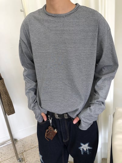 高質感 休閒風 細條紋 層疊穿搭 指套 長袖 - 4C7