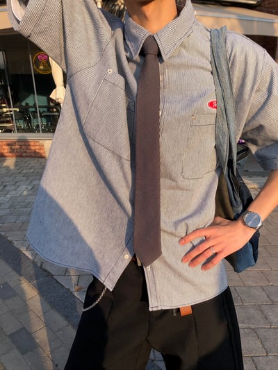 Peace 極簡主義 細條紋 短袖 牛仔襯衫 (set - up) - 2C14