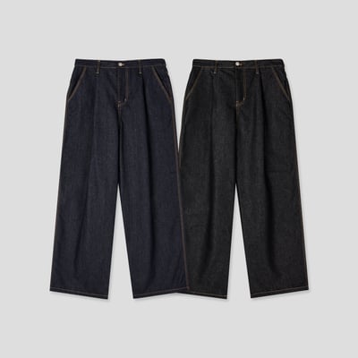 秋冬首選 單層褶皺 配色縫線 俐落 原牛寬褲 (set-up) - 2C19