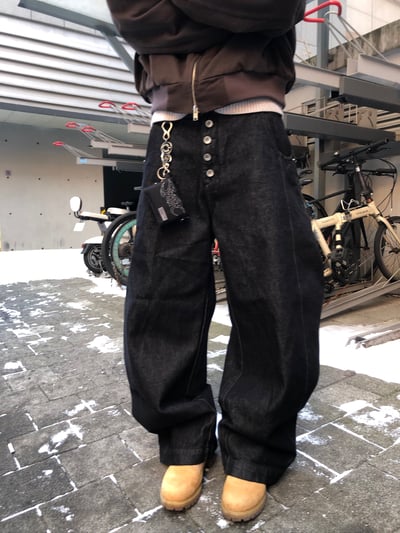 日系街頭 假鈕扣 原牛 寬褲 - 2C4