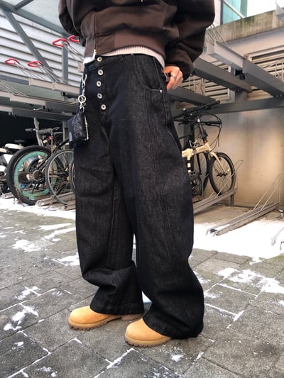 日系街頭 假鈕扣 原牛 寬褲 - 2C8