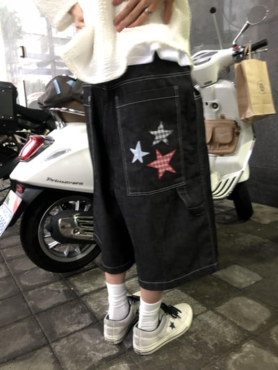 可愛街頭 星星 格紋刺繡 牛仔 7分短褲 - 1C6