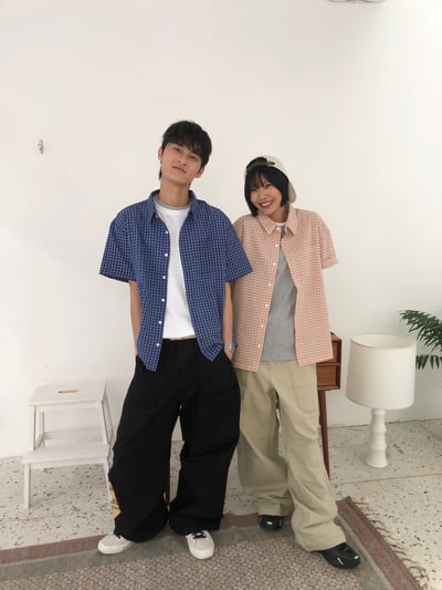 多巴安配色 涼感短版 格紋 短袖襯衫 - 2C9