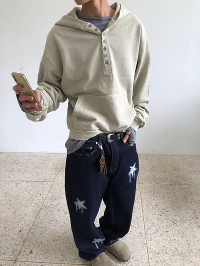 復古街頭 重磅 復古水洗 亨利領 帽T - 3C3