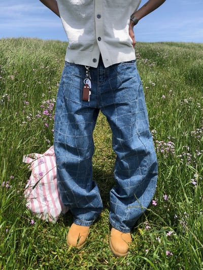 Baggy 牛津街頭 水波格紋 牛仔寬褲 - 1C9