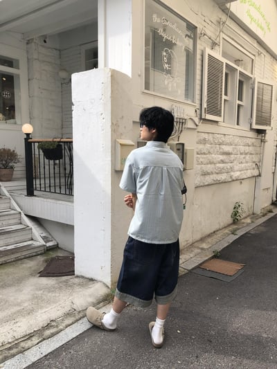 休閒高級感 潮流配色 顯肩寬 細條紋 短袖 襯衫 - 3C12