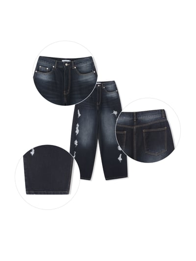 微妙復古 漸層水洗 破壞 牛仔 寬褲 - 2C25