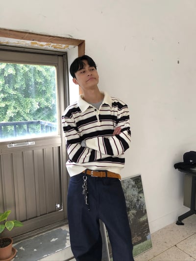 秋冬高檔 撞色條紋 立挺 短版 開領針織 長袖 - 3C2