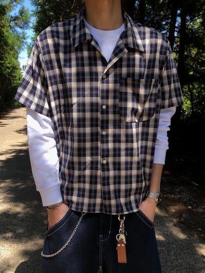 倫敦街頭 親膚涼感 短版 格紋 短袖襯衫 - 4C3