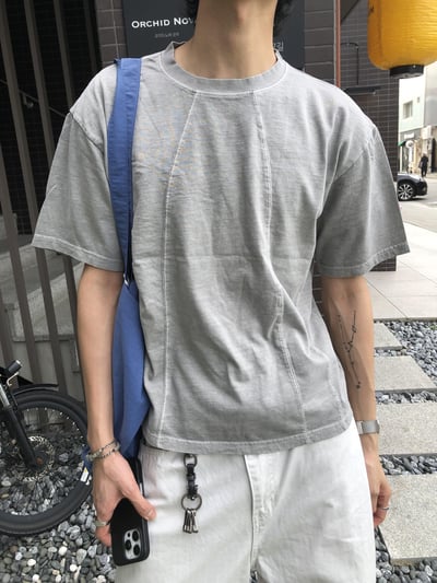復古刷色 開線視覺肩寬 短版 短袖 上衣 - 3C8