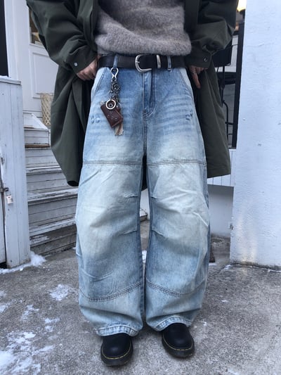 冰原歷險 漸層水洗 抓皺 寬版 牛仔褲 - 1C3