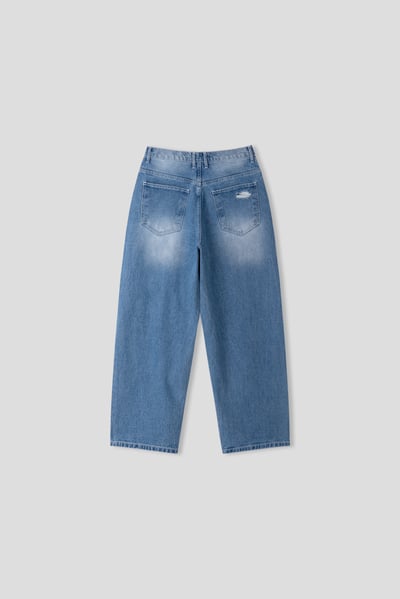 高檔布料 漸層刷色 街頭破洞 牛仔寬褲 - 2C24