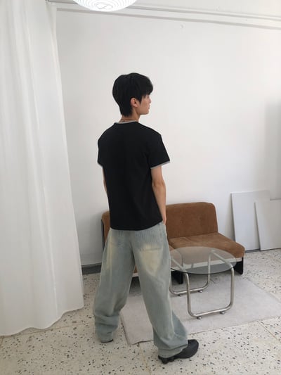 假兩件式 層次疊穿 寬鬆短版 素面短袖 - 3C4