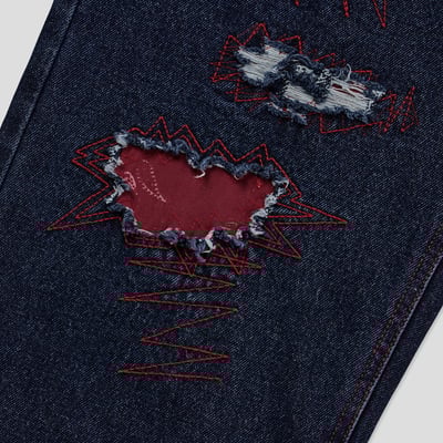 美式街頭 紅色警戒 破壞 直筒 微寬版 牛仔褲 - 1C18