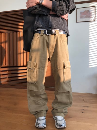 雙膝抓皺 線條結構 直筒寬版 工裝褲 - 2C10