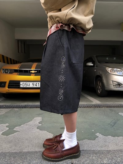 印第安 傳統花紋 高級卯釘 牛仔 百慕達短褲 - 2C5