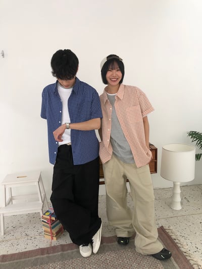 多巴安配色 涼感短版 格紋 短袖襯衫 - 2C6