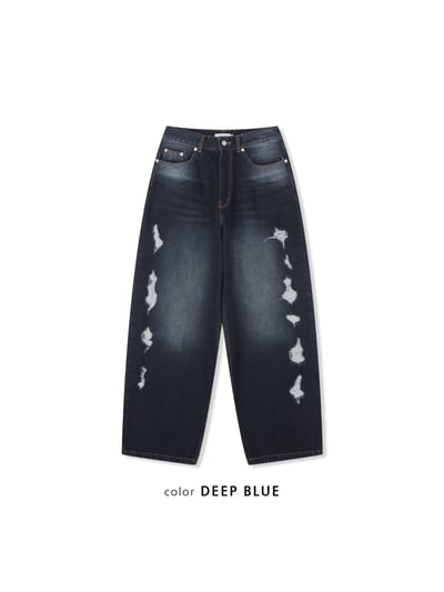 微妙復古 漸層水洗 破壞 牛仔 寬褲 - 2C23