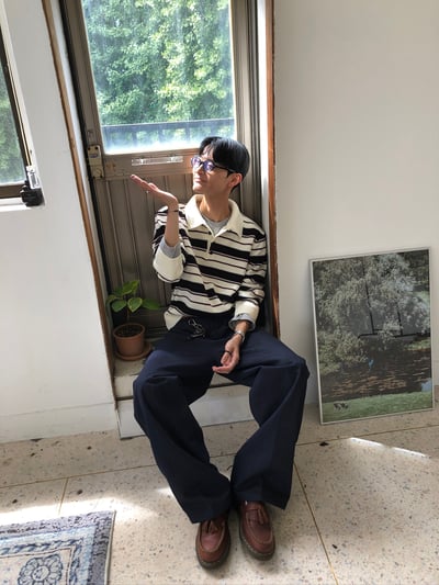 秋冬高檔 撞色條紋 立挺 短版 開領針織 長袖 - 3C16