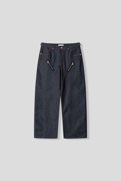 日系潮男 紅色縫線 拉鏈細節 牛仔寬褲 - 2C21