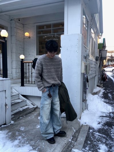 冰原歷險 漸層水洗 抓皺 寬版 牛仔褲 - 1C8