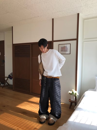 東京小夥 反折褲管 條紋結構 原牛寬褲 - 2C9