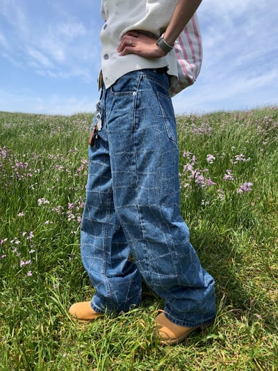 Baggy 牛津街頭 水波格紋 牛仔寬褲 - 1C7