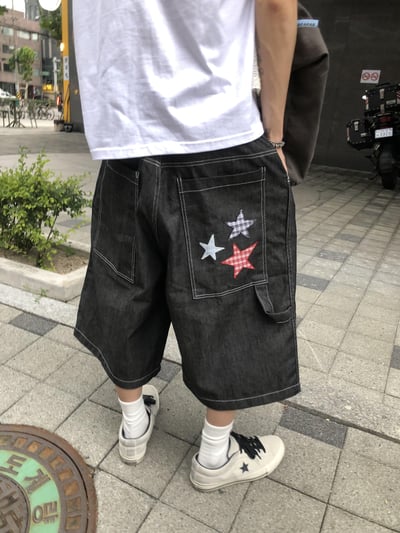 可愛街頭 星星 格紋刺繡 牛仔 7分短褲 - 1C3